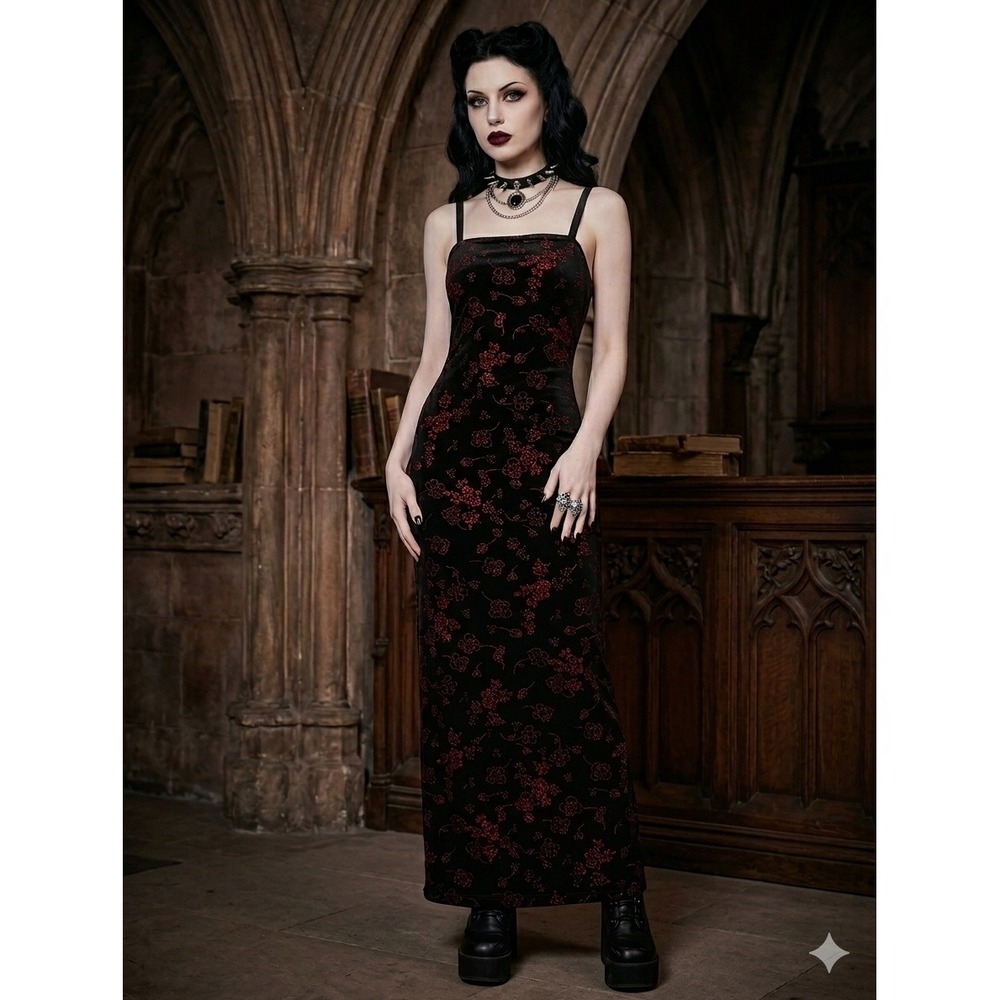 CDC Wear Womens Maxi Dress 6 Black Red Glitter Floral Goth Grunge Velvet